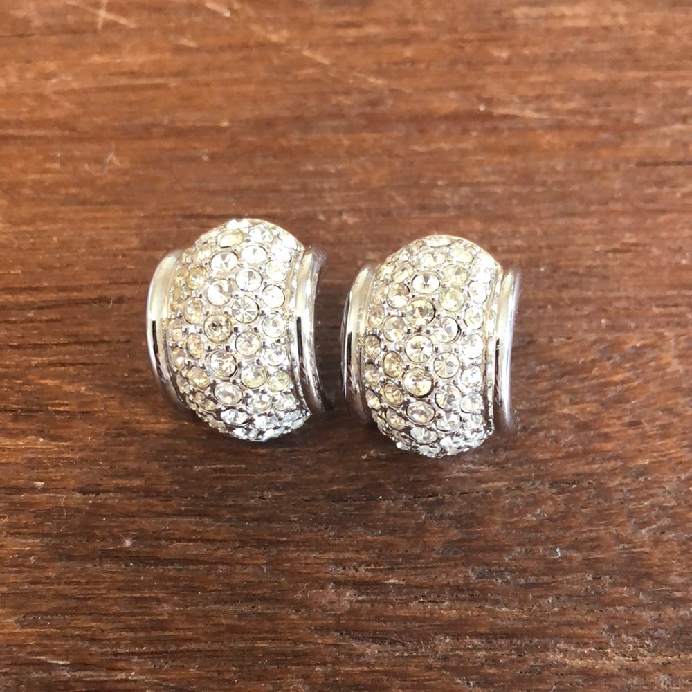 Swarovski Crystal Pave Silver Tone Hoop Earrings Sparkly Glam Studs